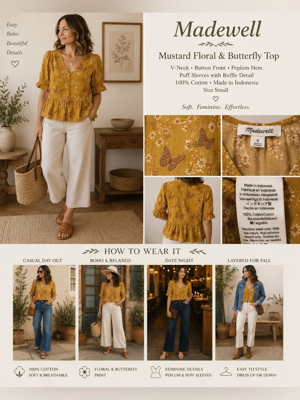 Madewell Mustard Butterfly Floral Peplum Top Size S Cottagecore Boho
